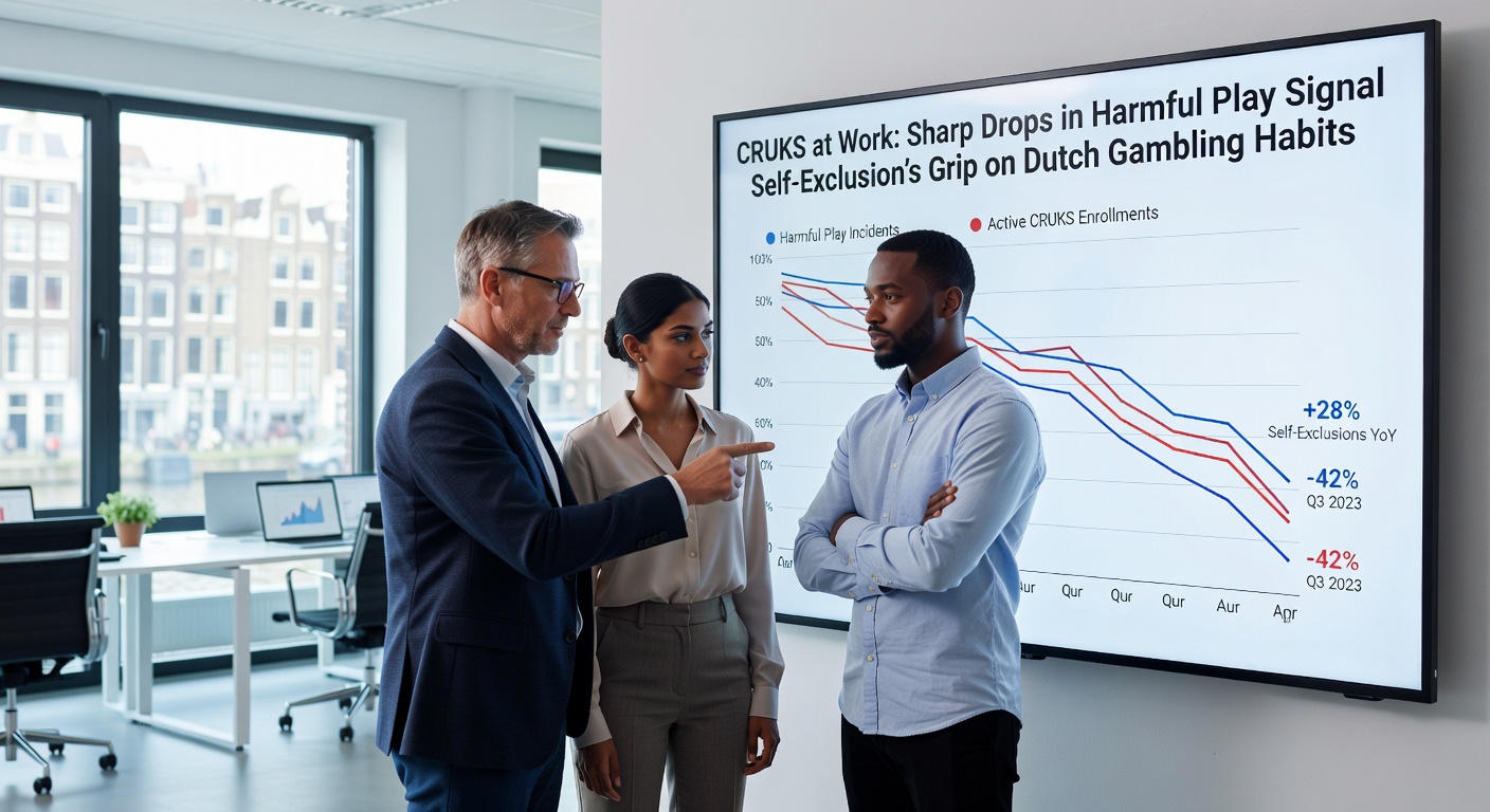Visualisatie van CRUKS-database met iconen van uitgesloten spelers en dalende grafieken voor gokactiviteit in Nederland