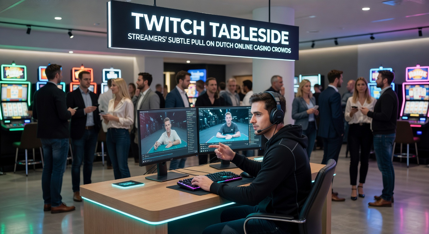 Een Twitch-streamer voor een live casino-tafel, met chat vol enthousiaste kijkers en casino-logo's op het scherm
