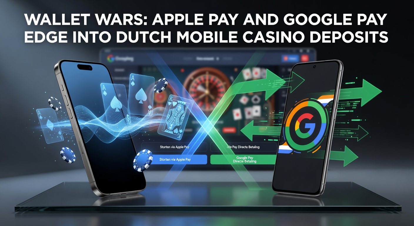 Smartphone met Apple Pay en Google Pay iconen naast een online casino interface, symboliserend de opkomst van mobiele wallets in Nederlandse gokapps